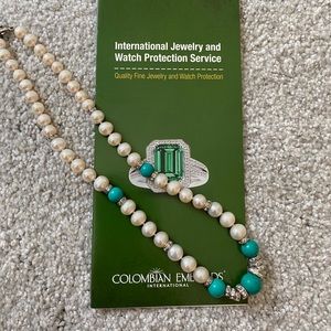 Pearl, turquoise and Swarovski crystal necklace.